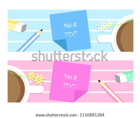 kawaii,cute,sweet,colorful,pastel top view work horizontal place with coffee,note,flower speech bubble talk balloon think,speak text box banner  template blue and pink set,flat vector illustration