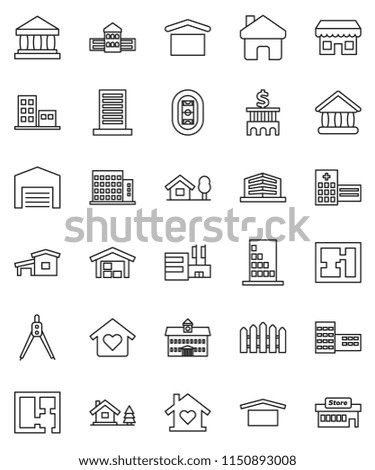 thin line vector icon set - university vector, school building, drawing compass, bank, stadium, dry cargo, hospital, home, cottage, chalet, barn, fence, plan, apartments, office, love, store, mall