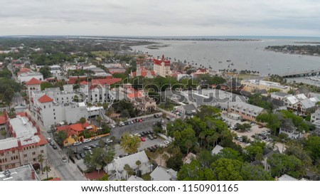 Aerial view of St Augustine cityscape at sunset, Florida.