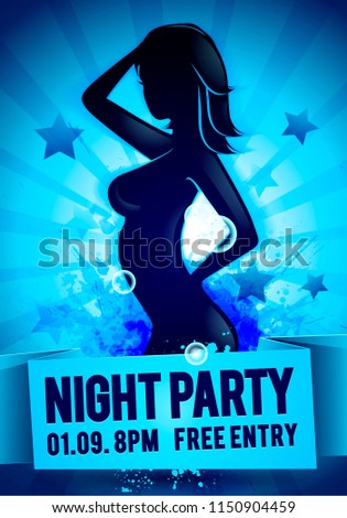 vector illustration blue party happy hour ladies night flyer design template with silhouette of dacing women and splash effects in the background