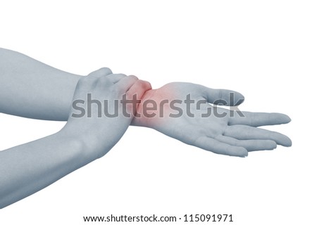 Acute pain in a woman wrist. Female holding hand to spot of wrist pain. Concept photo with Color Enhanced blue skin with read spot indicating location of the pain. Isolation on a white background.