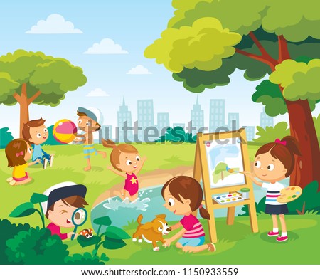 Children having fun. Little girl is plaing with puppy. Little girls and boys are playing with ball.  Little girl are swiming in lake, pond.  Girl drawing the watercolor.Vector illustration.Flat design Royalty-Free Stock Photo #1150933559