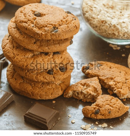 Homemade whole wheat oatmeal cookies with chocolate chips. Tasty healthy snack for Breakfast. Selective focus. square picture
