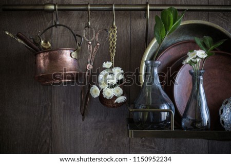 old vintage dishware on dark wooden background