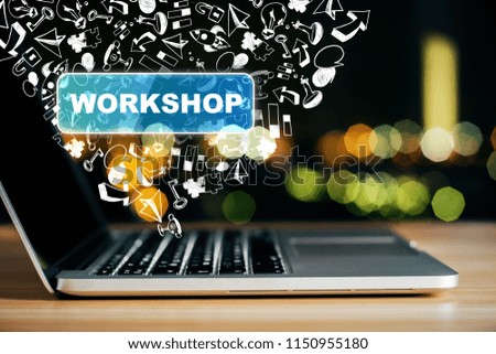 Laptop with creative sketch on blurry background. Social media and network concept 