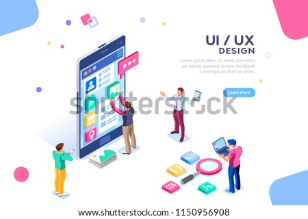 UI design concept with character and text for designer. Device content place infographic. Software group, kit for phone seo programming. UX, digital hero creative flat isometric vector illustration Royalty-Free Stock Photo #1150956908