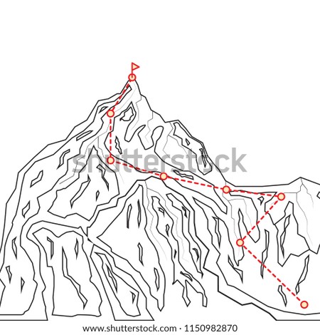 Mountain climbing illustration. Mountain climbing route. Business climbing to the top concept. Vector.