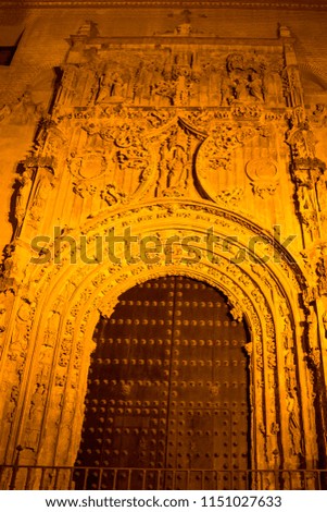 Spain, Malaga, cahedral entrance lit up at night
