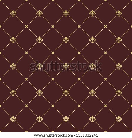 Seamless brown and golden pattern. Modern geometric ornament with royal lilies. Classic vintage background
