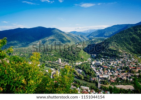 Panoramic view of Borjomi, Georgia. Analogue film effect