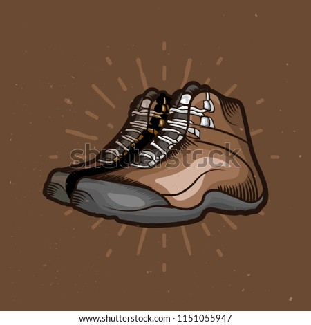 Vector cartoon hiking shoes. Trekking boots with sunburst on the background. Perfect design elements for travel emblems. Dark background version