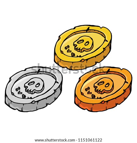 Pirate coins. Vector illustration of a gold, silver and bronze old coins. Hand drawn pirated old coins.