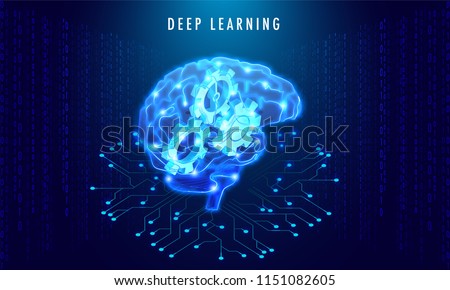 Deep Learning concept based design with isometric illustration of shiny  human brain with cogwheels on matrix or binary coding background. Royalty-Free Stock Photo #1151082605