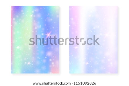 Princess background with kawaii rainbow gradient. Magic unicorn hologram. Holographic fairy set. Mystical fantasy cover. Princess background with sparkles and stars for cute girl party invitation.