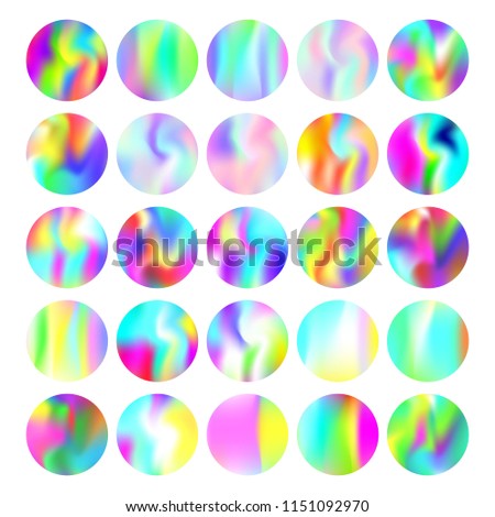 Gradient mesh abstract backgrounds set. Colorful holographic backdrop with gradient mesh. 90s, 80s retro style. Iridescent graphic template for brochure, flyer, poster, wallpaper, mobile screen.