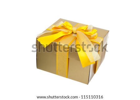 golden yellow gift box with ribbon bow isolated on white background, series photo different angle view gold present