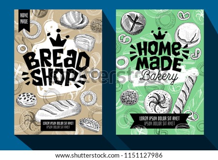 Food poster bakery cards set. Bread shop, bakery house. Trendy cool sketch style. Modern sketch elements collection packaging, posters, cards design. Hand drawn vector illustration.