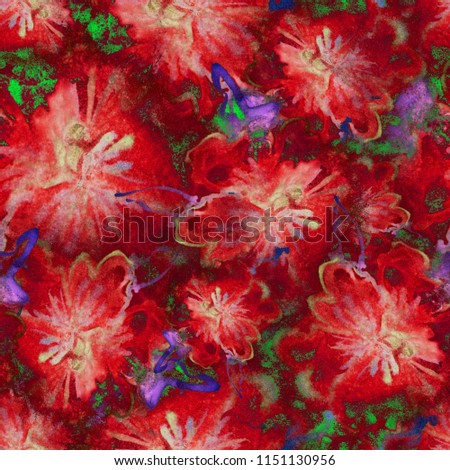 Floral Watercolor Pattern. Summer Vintage Flower Print. Modern Dress 
Design. Bud Repeating Wallpaper Design. Meadow Flowers Illustration.  Spring Inspire Illustration. Exotic Flower. Hibiscus.