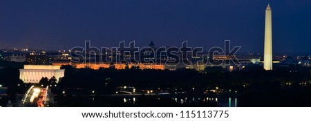 Washington DC skyline at night, including Lincoln Memorial, Washington Monument and Arlington Memorial Bridge