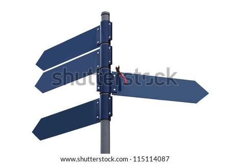 Waymark with four dark blue plates and foreign object on one of them