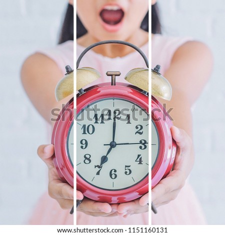 3 part picture of alarm clock in vintage color at 7 o’clock