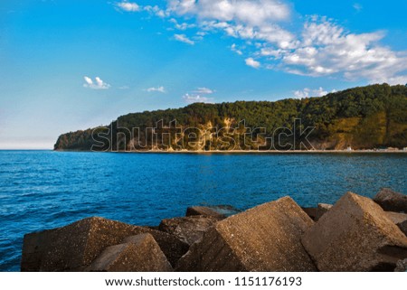 View from the sea to the coastal zone of Tuapse beach. Colorful picture for screen saver, background