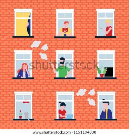 Various people in their windows behind brick wall characters flat style vector illustration. Neighbors as is that living in  apartments and do their deeds near windowsill seamless pattern