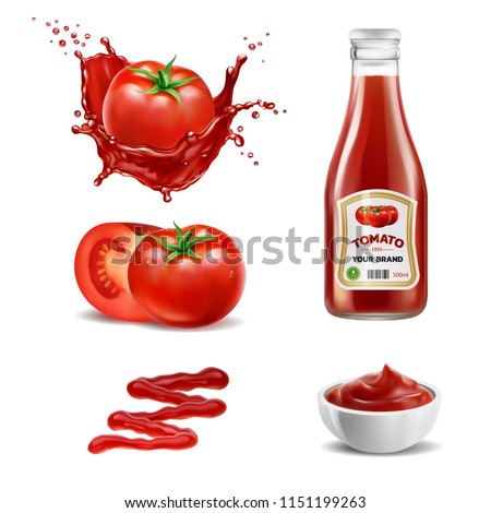 Realistic vector elements set of red tomatoes (splash of tomato juice, ketchup bottle, whole and a slice of tomato, squeezed out sauce line and sauce in the bowl) Royalty-Free Stock Photo #1151199263