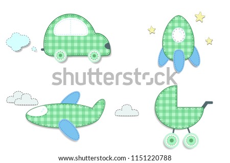 Vector set of cute baby elements for scrapbook or baby shower greeting card and kids design. Cut out fabric or paper checkered green stickers as car, rocket, stroller, airplane isolated on white.