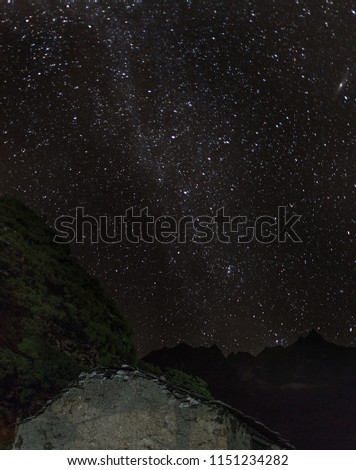 The view of the starry sky over the village of Thame - Everest region, Nepal, Himalayas
