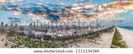 Panoramic aerial view of Miami Beach coastline and skyline, Florida.