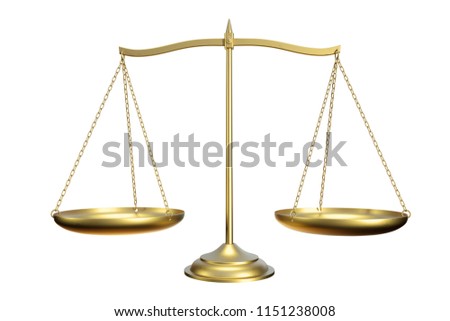 Golden balance scale isolated on white background