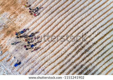 Aerial view of salt field at Hon Khoi, Nha Trang, Vietnam.