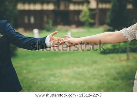 beautiful wedding couple holding hands together in the park
