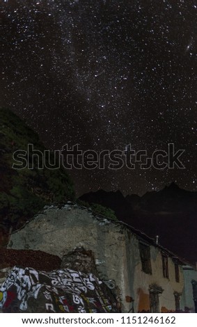 The view of the starry sky over the village of Thame - Everest region, Nepal, Himalayas