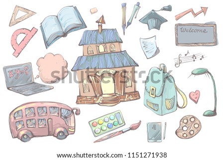 Hand drawn cartoon School supplies and items set isolated on white background. Back to school equipment. Education workspace accessories.