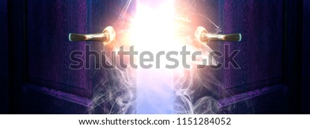 Open two doors behind which is visible flash of light, magic particles, rays, sorcery