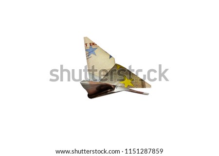 50 Fifty Euro € paper bill folded into a flying origami butterfly easy money interest