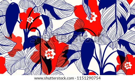 Tropical plants seamless pattern, Pink Princess philodendron and flowers on light brown background, line art ink drawing in blue and red tones