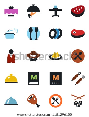 Color and black flat icon set - spoon and fork vector, waiter, dish, restaurant table, serviette, cafe, menu, plates, dress code, steak, kebab, ham, steaming pan, sushi