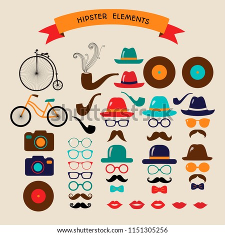 Hipster Colorful Retro Vintage Vector Icon Set. Illustrations of hats, glasses, lips and moustaches.