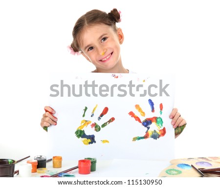 cute little girl with color hand prints, isolated on white