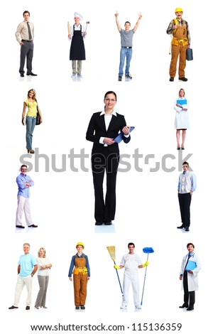 Large group of smiling workers people. Doctor, contractor, painter, businessman, nurse