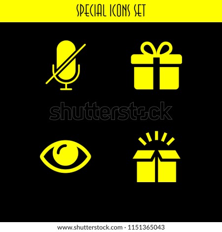 surprise icon. 4 surprise set with box, gift, mute and eye open vector icons for web and mobile app