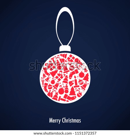 Merry Christmas greeting card. Vector illustration of white ball with many new year's icons like Santa's hat, candle, bell and trees.