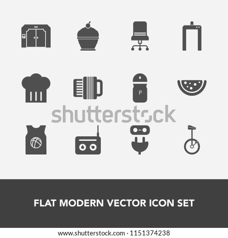Modern, simple vector icon set with sweet, chair, media, power, bike, arrow, food, chief, sound, circus, seasoning, watermelon, pie, cake, plug, dessert, basketball, cook, sport, interior, team icons