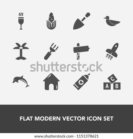 Modern, simple vector icon set with restaurant, drink, building, health, spoon, glass, arrow, knife, dolphin, rocket, dinner, shovel, direction, tool, house, care, fresh, abc, palm, ocean, corn icons