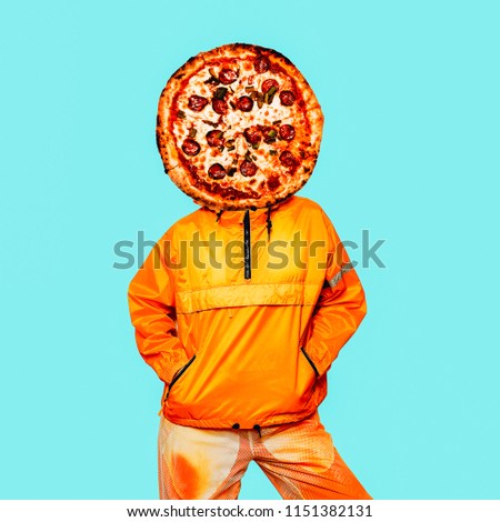 Contemporary art collage. Minimal pizza lover concept. Pizza and orange person Royalty-Free Stock Photo #1151382131
