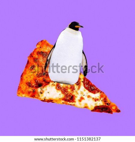 Contemporary visual art collage. Minimal concept.  Pizza lover. Penguin Surfer