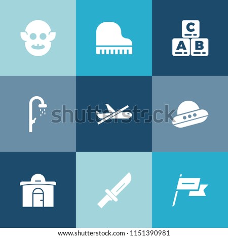 Modern, simple vector icon set on colorful blue backgrounds with bath, space, real, piano, character, concert, extraterrestrial, play, plane, shower, monster, technology, instrument, bathroom icons